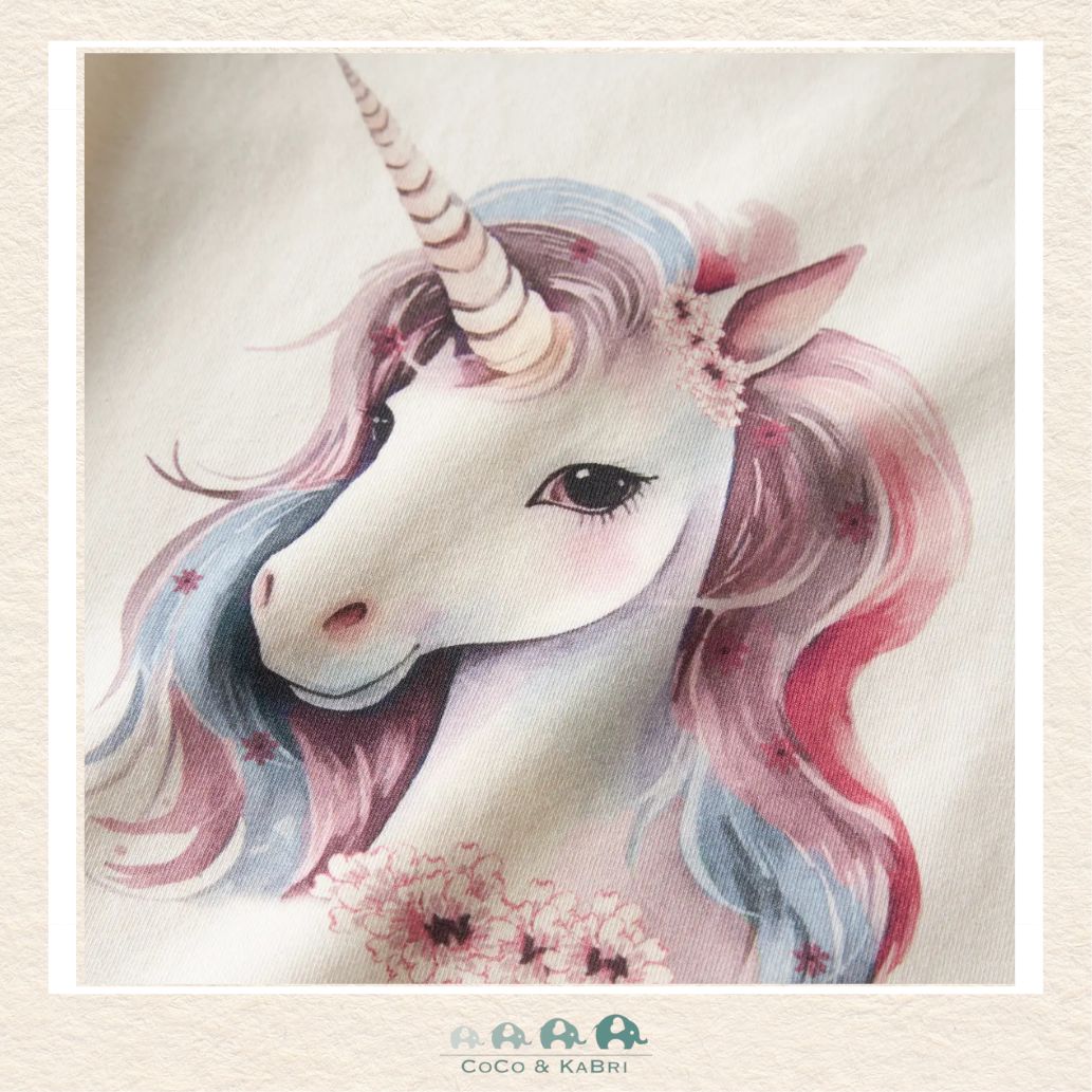 Detailed close-up of the unicorn illustration and fabric highlighting the vibrant graphic details and the premium, soft-touch boutique material