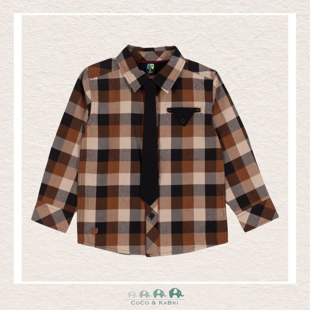 🇨🇦 Nano Baby Boy Brown Plaid Shirt with Tie, CoCo & KaBri Children's Boutique