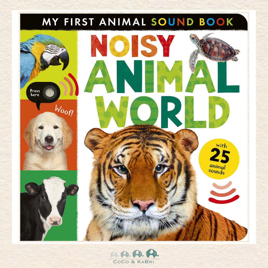 Noisy Animal World interactive board book featuring a vibrant photographic cover with various animals and a built-in side panel with 25 distinct sound buttons
