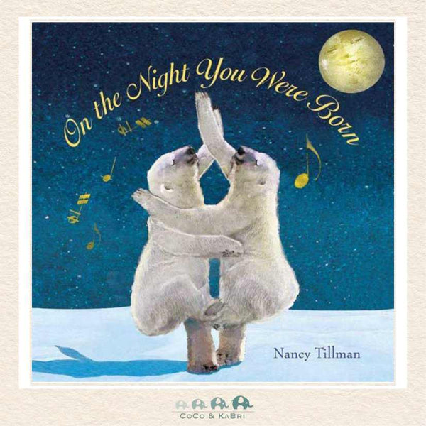 On the Night You Were Born children's book cover featuring a whimsical night sky and a celebrating moon