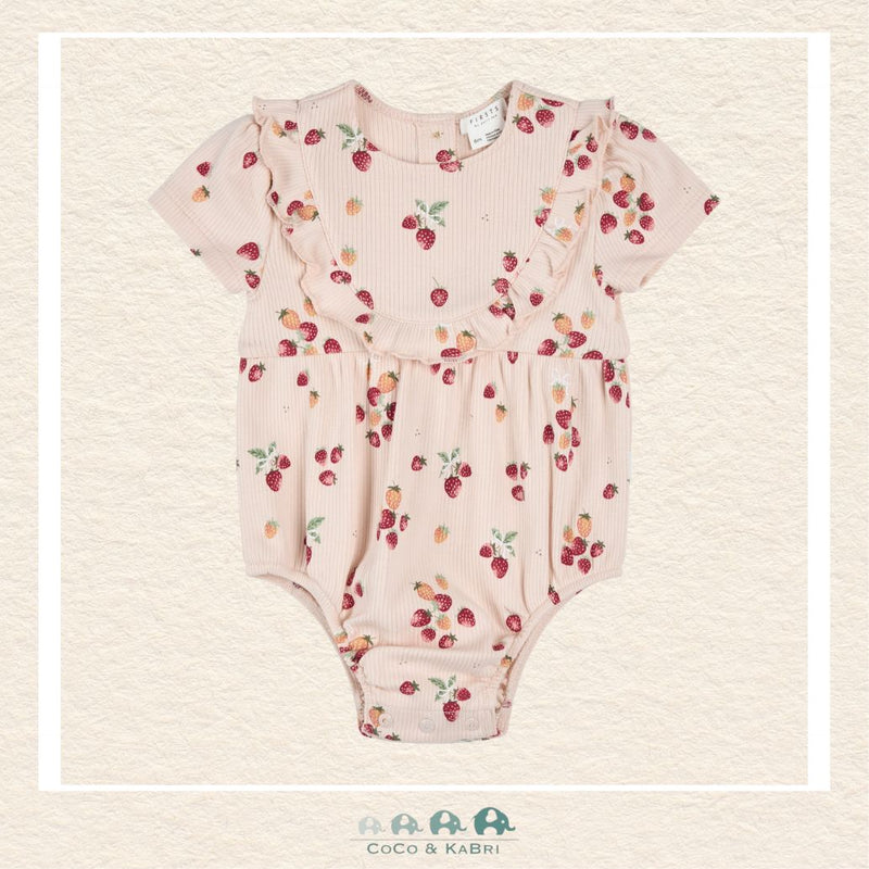 Petit Lem: Strawberry Print on Soft Pink Ribbed Bubble Romper, CoCo & KaBri Children's Boutique, Brooks Alberta Canada