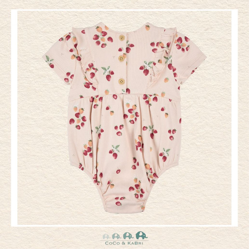Petit Lem: Strawberry Print on Soft Pink Ribbed Bubble Romper, CoCo & KaBri Children's Boutique, Brooks Alberta Canada