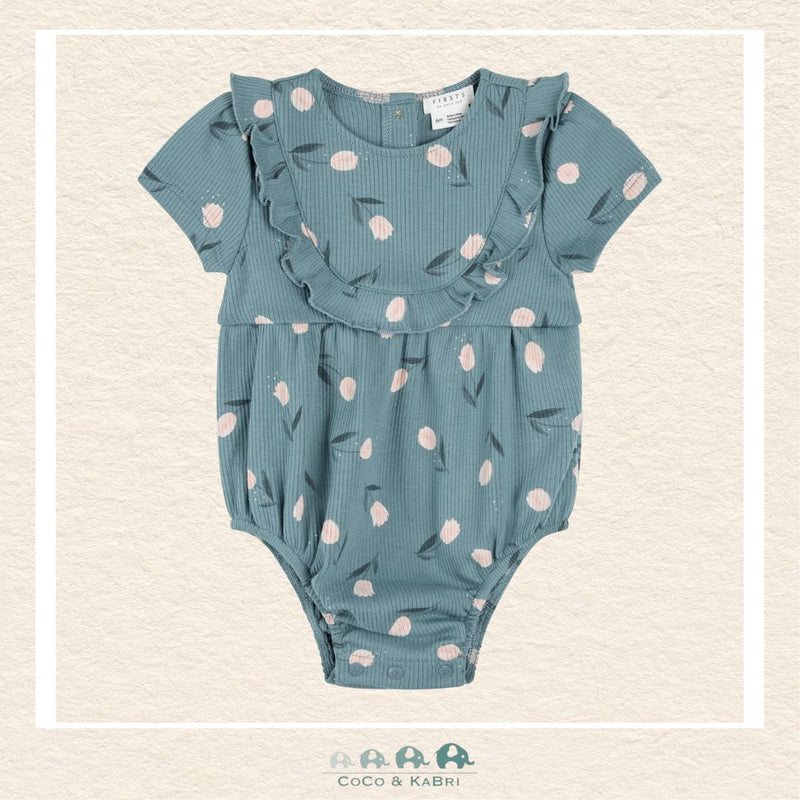 Petit Lem: Tulips Print on Sea Blue Bubble Romper, CoCo & KaBri Children's Boutique