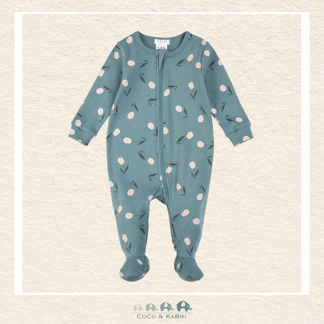 Petit Lem: Tulips Print on Sea Blue Ribbed Sleeper, CoCo & KaBri Children's Boutique