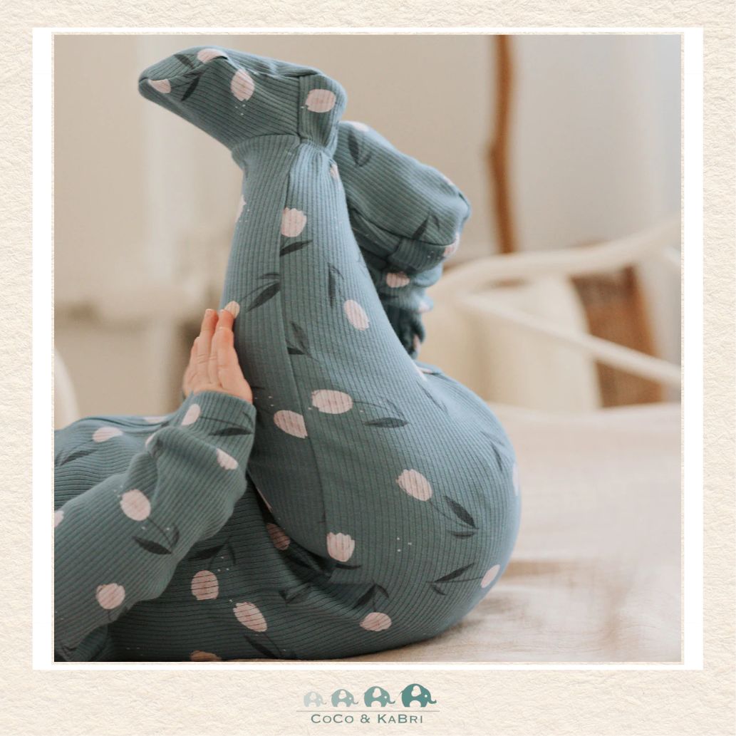 Petit Lem: Tulips Print on Sea Blue Ribbed Sleeper, CoCo & KaBri Children's Boutique