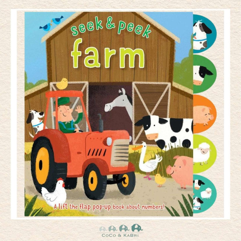 Seek & Peek Farm board book featuring colorful farm animals and a large pop-up surprise ending