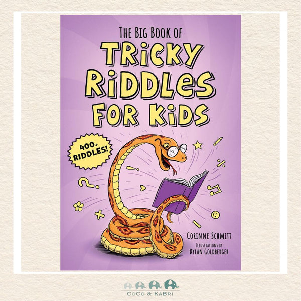 The Big Book of Tricky Riddles for Kids cover featuring colorful brain-teaser graphics and a collection of 400 plus riddles