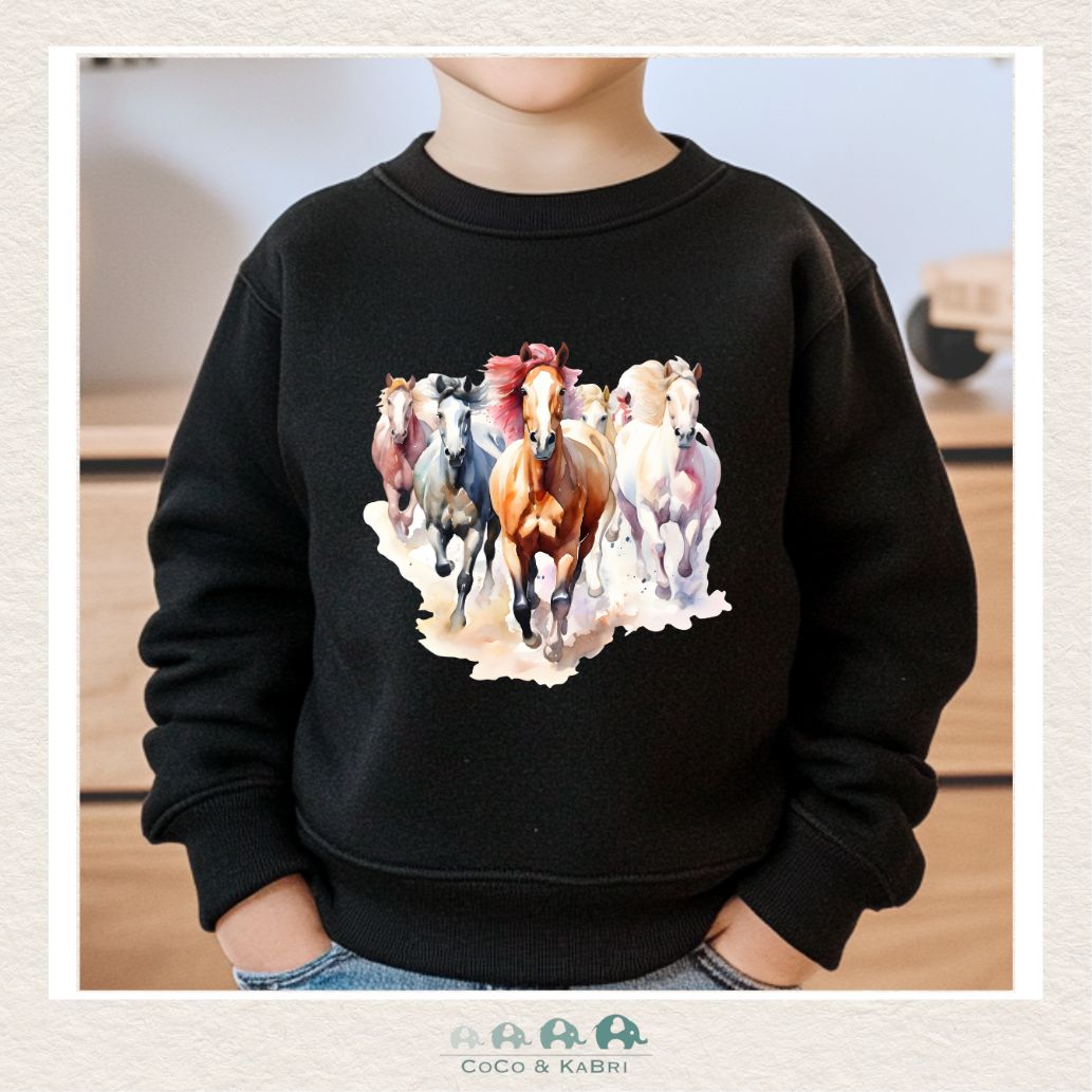 "The Drew" Sweatshirt - Toddler Fleece Crewneck (Black) With Horses, CoCo & KaBri Children's Boutique