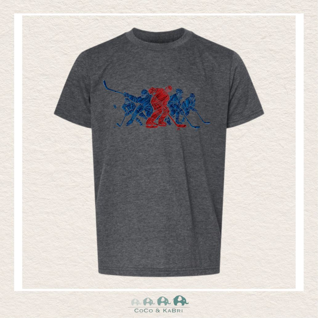 "The Georgia" Youth Heather Charcoal Tee - Red/Blue Hockey Players, CoCo & KaBri Children's Boutique