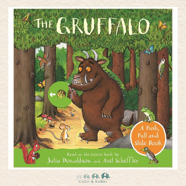 The Gruffalo Push Pull and Slide board book featuring interactive moving parts and Axel Scheffler's classic illustrations of Mouse and the Gruffalo