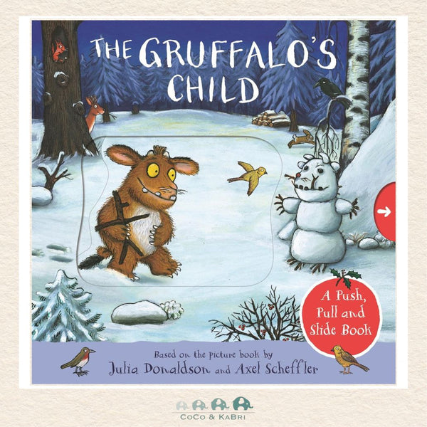 The Gruffalo's Child interactive board book featuring a push-pull mechanism and illustrations of the Gruffalo’s child in the snow