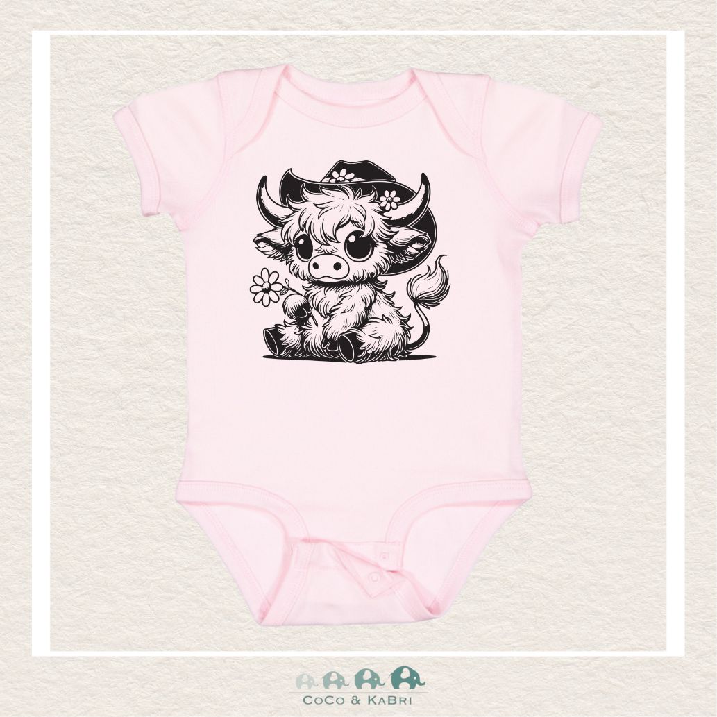 "The Harper" Baby Ribbed Light Pink Diaper shirt - Highland Cow with Flower, CoCo & KaBri Children's Boutique