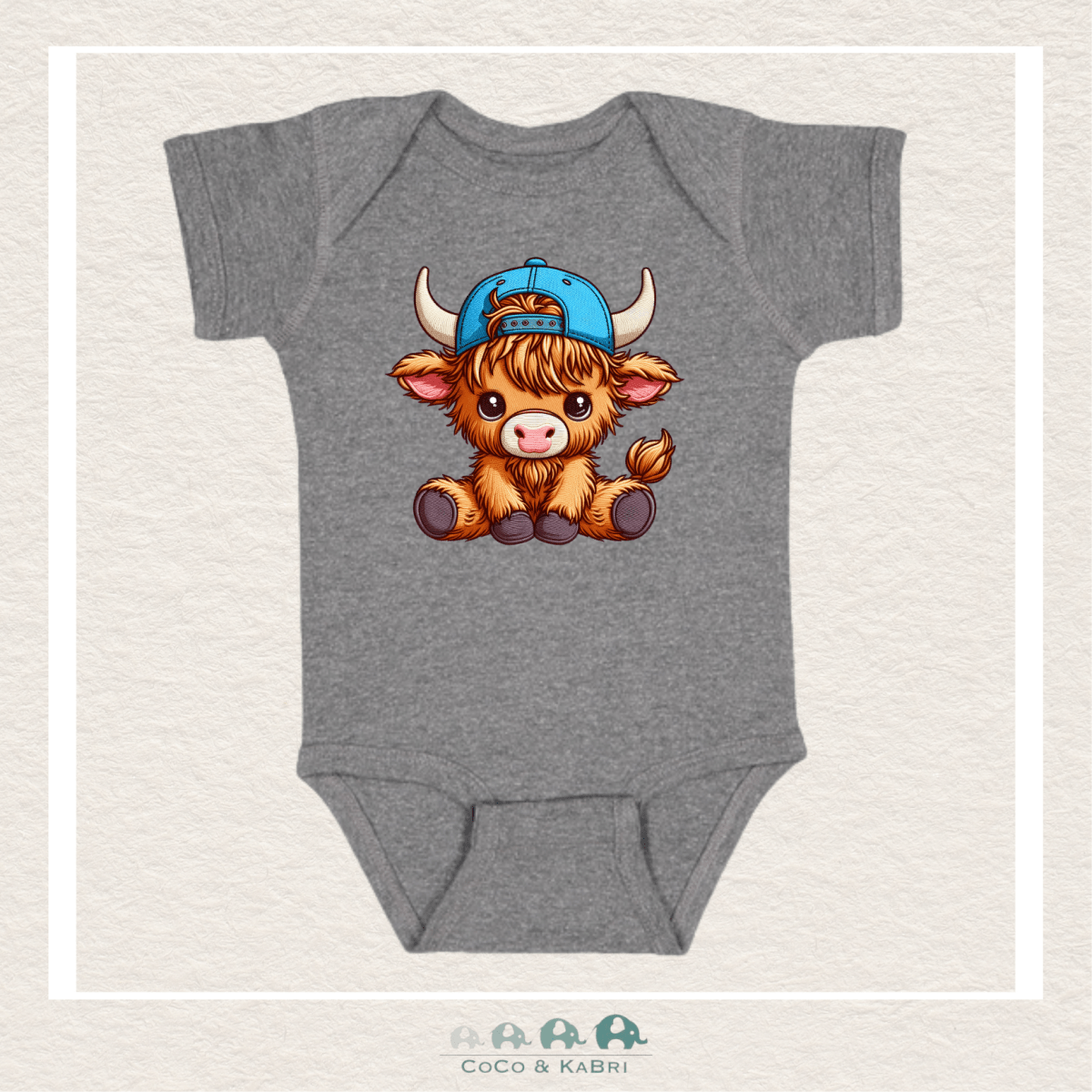 "The Harper" Graphite Gray Ribbed Diaper Shirt - Highland Cow with Cap, CoCo & KaBri Children's Boutique