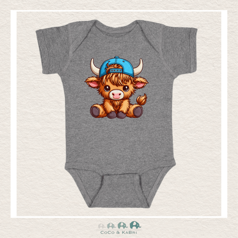 "The Harper" Graphite Gray Ribbed Diaper Shirt - Highland Cow with Cap, CoCo & KaBri Children's Boutique