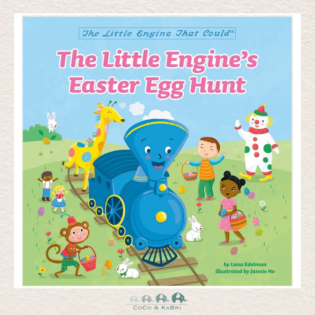 The Little Engine's Easter Egg Hunt board book featuring the classic Little Engine and friends solving riddles in a spring setting