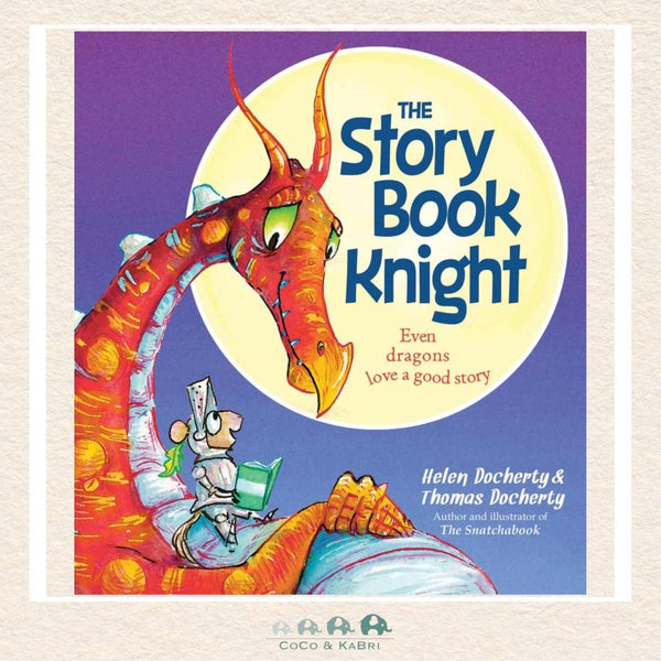 The Storybook Knight paperback by Thomas Docherty featuring Leo the gentle knight reading to a dragon