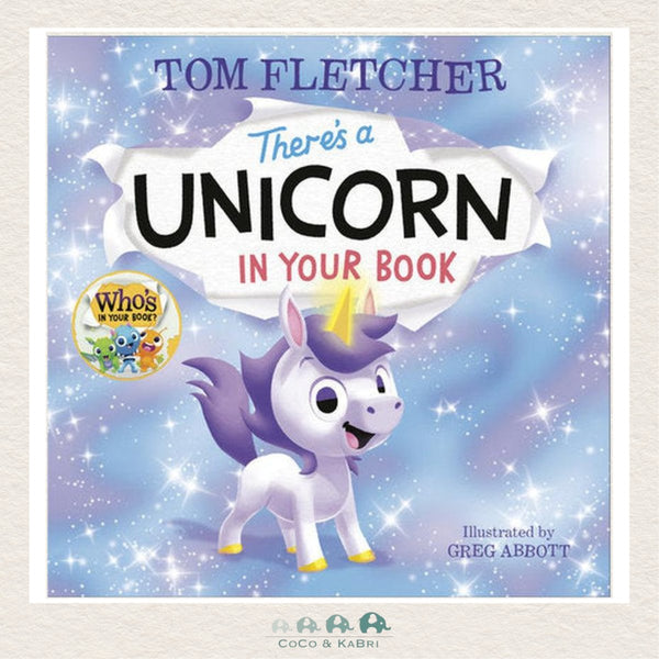 There's a Unicorn in Your Book board book featuring a colorful unicorn and a finger wand interactive prompt