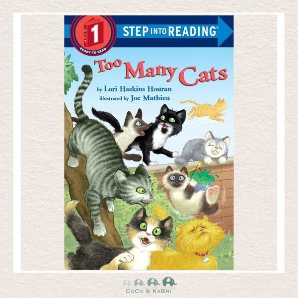 Too Many Cats paperback by Lori Haskins Houran featuring a backyard full of diverse, singing cats jumping over a fence to join a musical lady