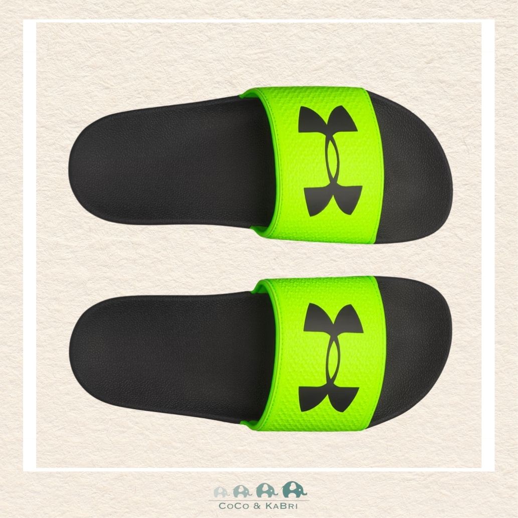 Under Armour youth boys' slides in a high-contrast Green and Black colorway, featuring a durable fixed strap with a vibrant neon brand logo and a modern athletic profile | Canada