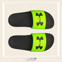 Under Armour youth boys' slides in a high-contrast Green and Black colorway, featuring a durable fixed strap with a vibrant neon brand logo and a modern athletic profile | Canada