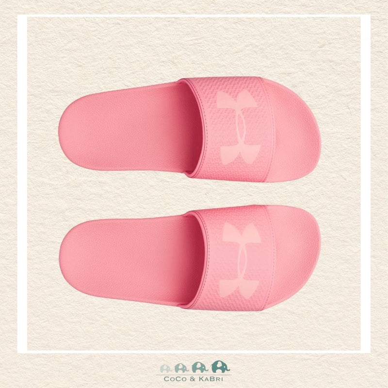 Under Armour youth girls' slides in a vibrant Pink, featuring a comfortable fixed strap with a bold brand logo and a sleek, contoured athletic profile | Canada