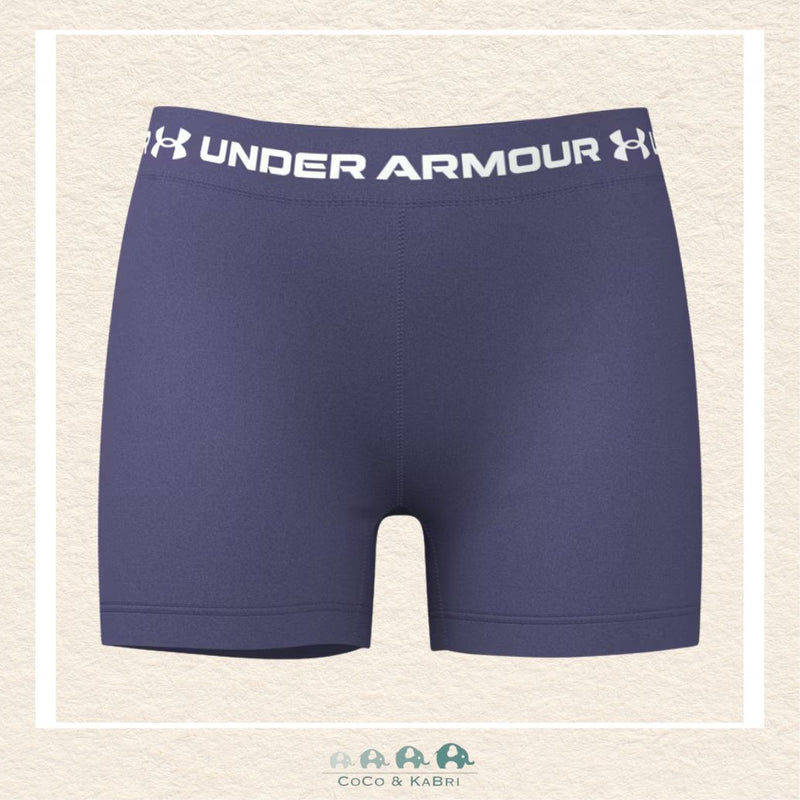 Under Armour youth girls' HeatGear® Shorty in vibrant Purple Luxe, featuring a lightweight compression fit, a comfortable wide elastic waistband, and a modern athletic silhouette | Canada
