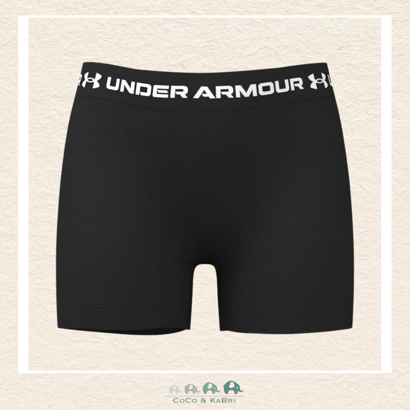 Under Armour youth girls' HeatGear® Shorty in classic black, featuring a lightweight compression fit, a wide supportive elastic waistband, and a modern athletic silhouette | Canada