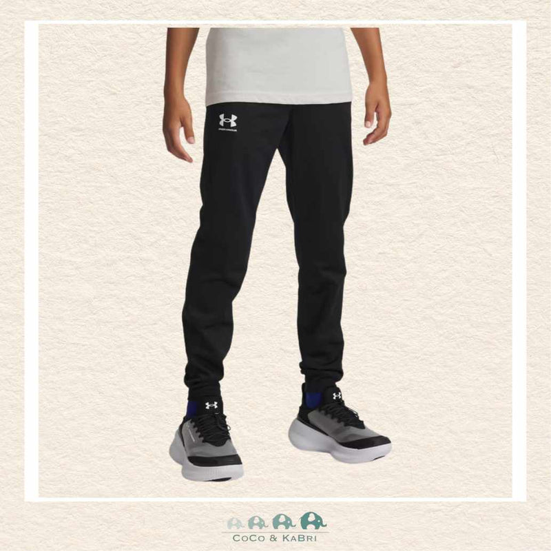 Front view of a youth boy wearing the black Icon Knit pants, showing the tailored fit through the legs and the comfortable, secure waist for all-day wear | Canada