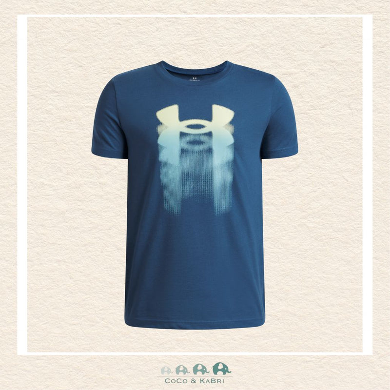 Under Armour youth boys' Logo Blur short sleeve tee in vibrant Wham Blue, featuring a dynamic blurred graphic logo, a comfortable crew neck, and an athletic streamlined fit | Canada