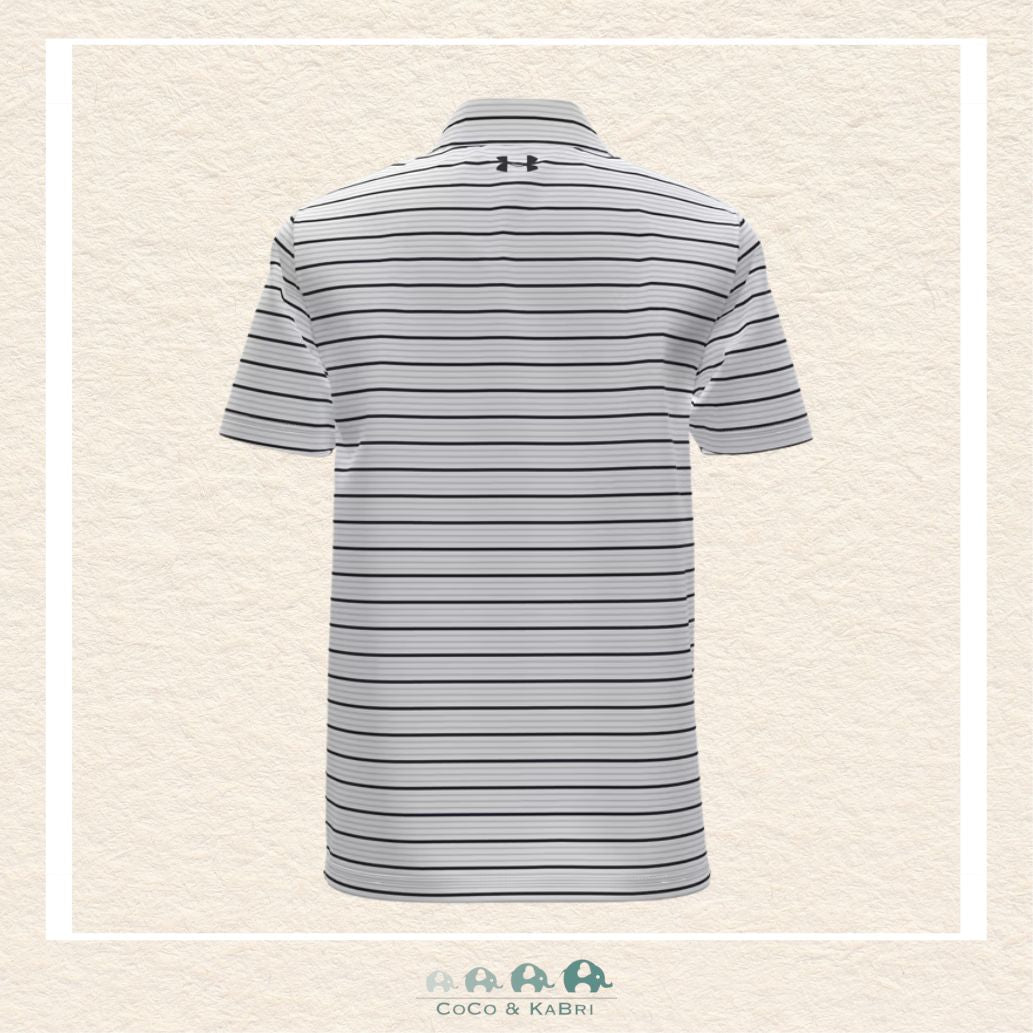 Back view of the White striped polo showing the clean, tailored silhouette and the lightweight HeatGear® fabric designed for a polished and breathable athletic fit | Canada