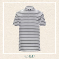 Back view of the White striped polo showing the clean, tailored silhouette and the lightweight HeatGear® fabric designed for a polished and breathable athletic fit | Canada