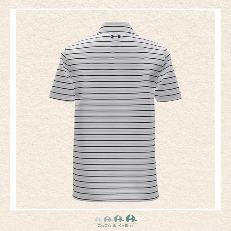 Back view of the White striped polo showing the clean, tailored silhouette and the lightweight HeatGear® fabric designed for a polished and breathable athletic fit | Canada