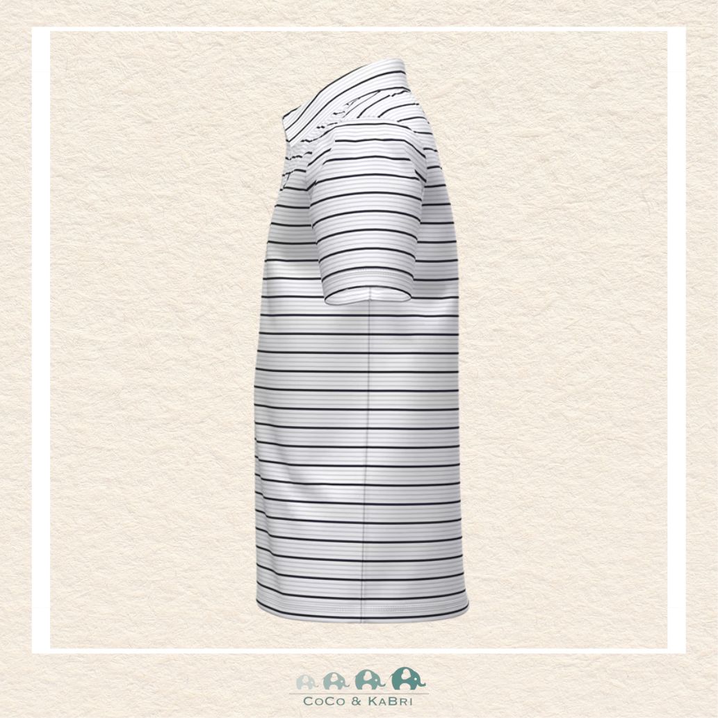 Side profile of the boys' Matchplay Stripe polo demonstrating the flexible fit and the moisture-wicking, quick-dry material perfect for school or the golf course | Canada