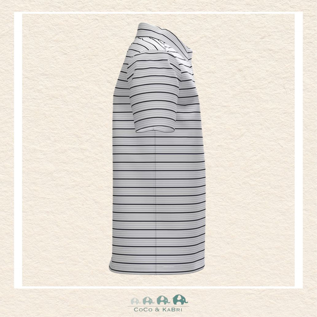 Side profile of the boys' Matchplay Stripe polo demonstrating the flexible fit and the moisture-wicking, quick-dry material perfect for school or the golf course | Canada