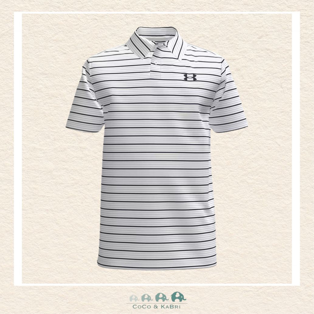 Under Armour youth boys' Matchplay Stripe polo in crisp White, featuring a professional three-button placket, a structured collar, and a subtle tonal stripe pattern | Canada