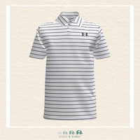 Under Armour youth boys' Matchplay Stripe polo in crisp White, featuring a professional three-button placket, a structured collar, and a subtle tonal stripe pattern | Canada