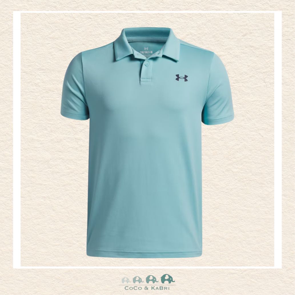 Under Armour youth boys' Matchplay polo in soft Blue Haze, featuring a professional three-button placket, a structured performance collar, and a clean, solid athletic silhouette | Canada