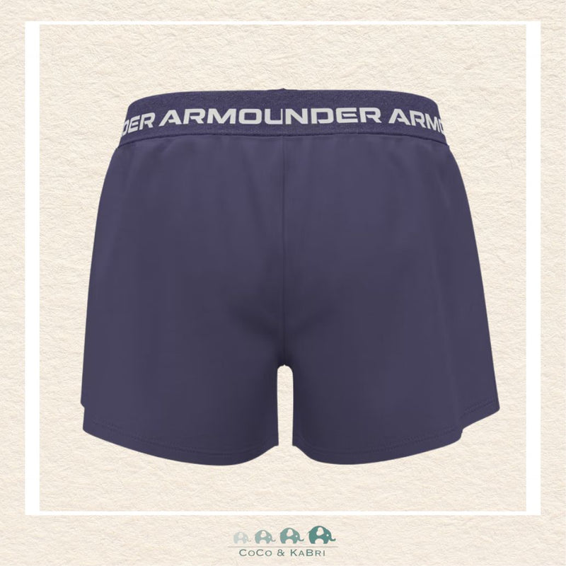 Back view of the Purple 2-in-1 shorts showing the comfortable wide elastic waistband and the specialized curved hem designed for a full, unrestricted range of motion | Canada