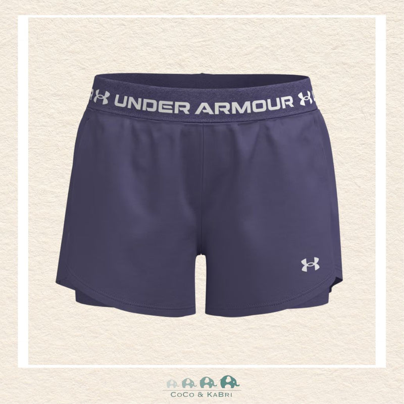 Under Armour youth girls' Tech™ Play Up 2-in-1 shorts in a vibrant Purple, featuring a lightweight mesh outer layer and a built-in knit compression short for extra coverage | Canada