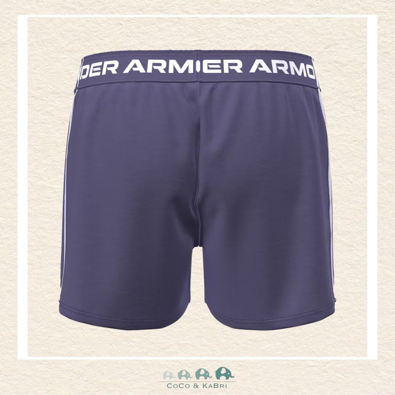 Back view of the Purple Luxe Play Up shorts showing the clean athletic drape and the specialized curved hem designed for an unrestricted range of motion during play | Canada