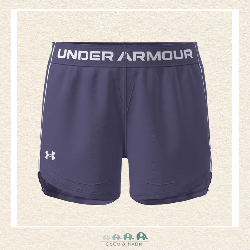 Under Armour youth girls' Tech™ Play Up shorts in vibrant Purple Luxe, featuring a lightweight performance construction, a soft branded elastic waistband, and a modern athletic silhouette | Canada