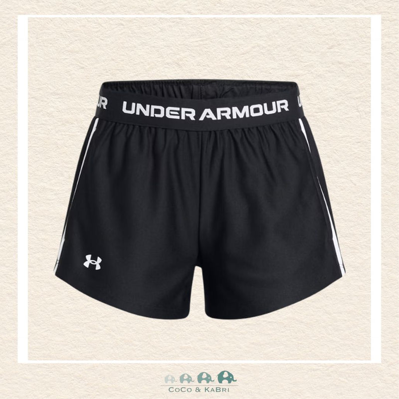 Under Armour youth girls' Tech™ Play Up shorts in classic Black, featuring a lightweight performance construction, a soft branded elastic waistband, and a modern athletic silhouette | Canada