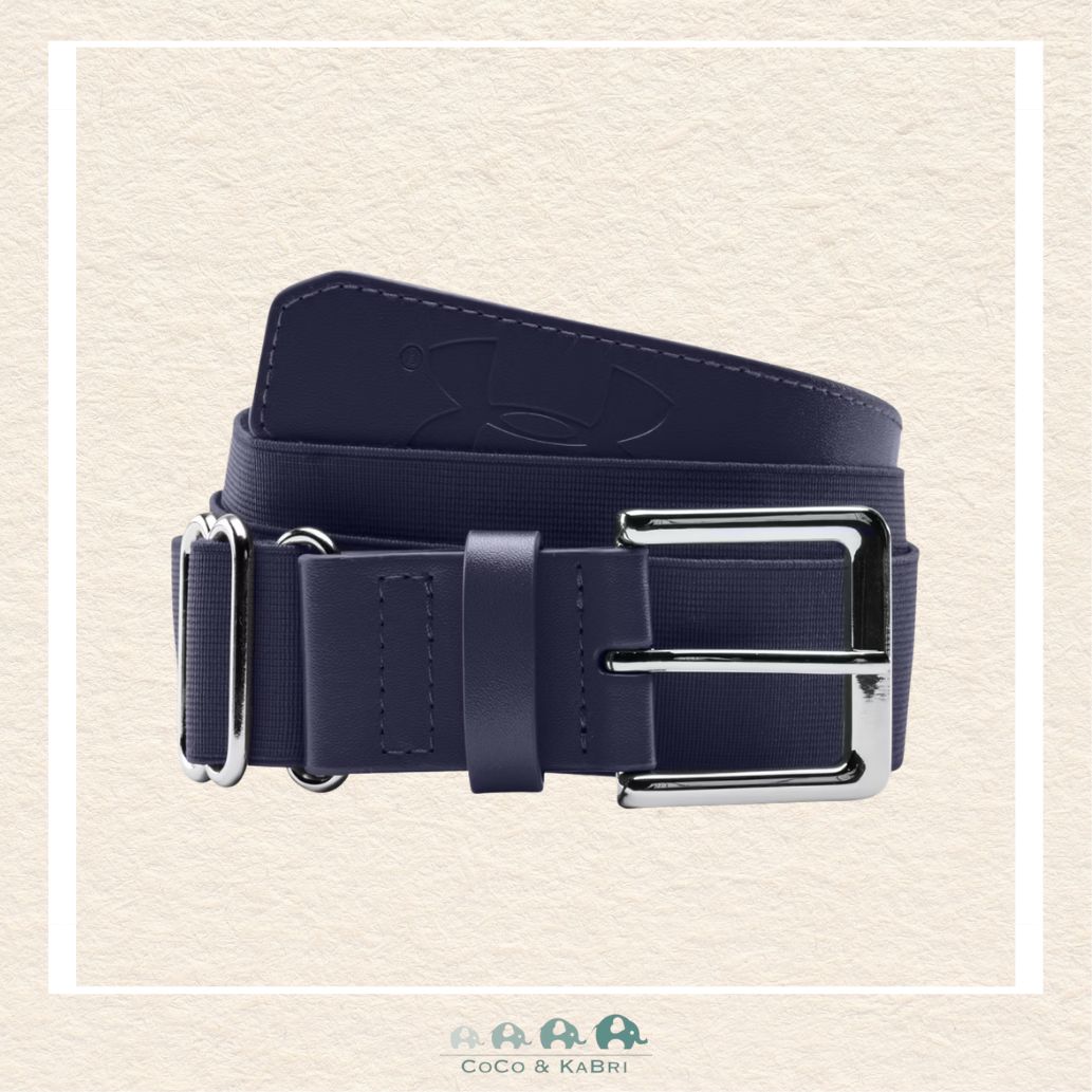 Navy blue belt with silver buckle on a beige background