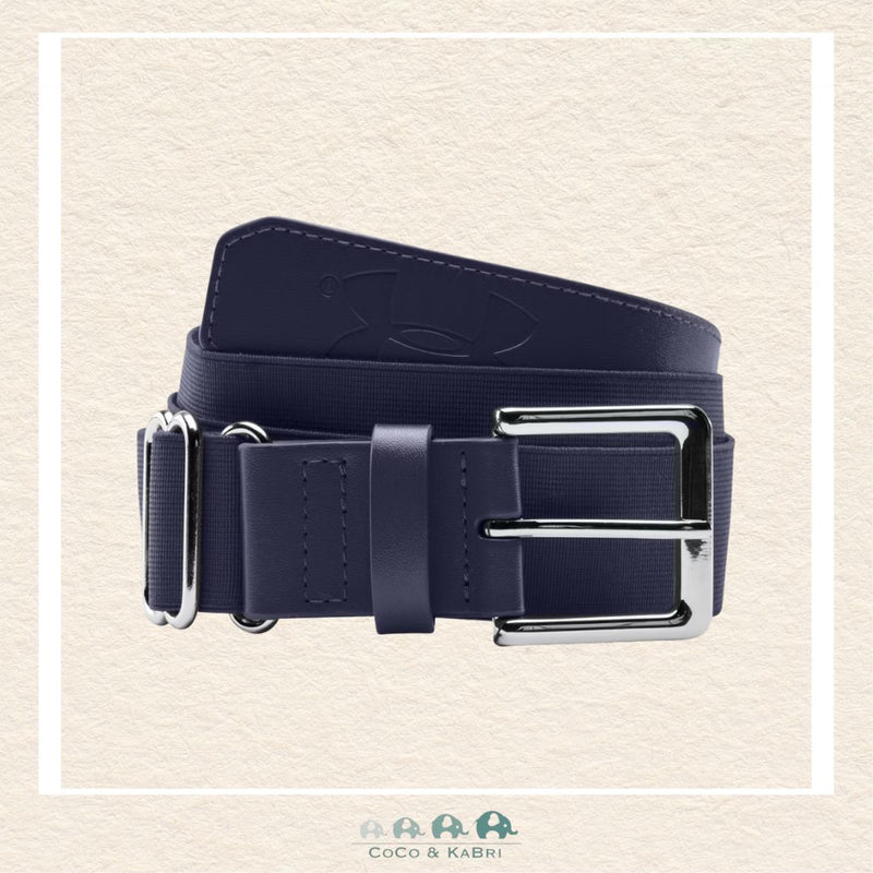 Navy blue belt with silver buckle on a beige background