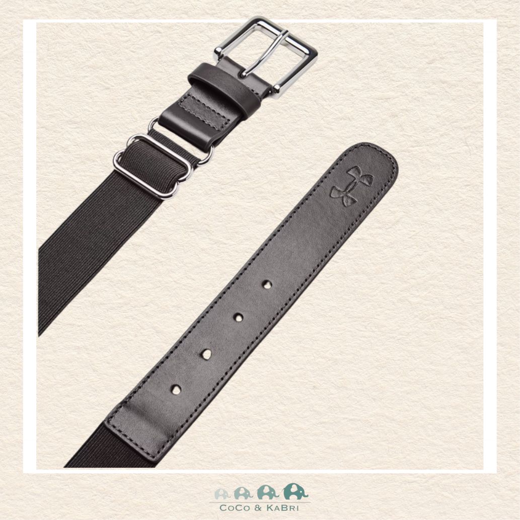 Under Armour youth baseball belt in a versatile charcoal grey, featuring a durable elastic strap and a heavy-duty metal buckle with the UA logo | Canada