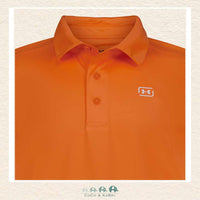 Close-up of the orange Under Armour polo highlighting the durable ribbed collar, reinforced stitching, and the high-quality heat-seal logo | Canada