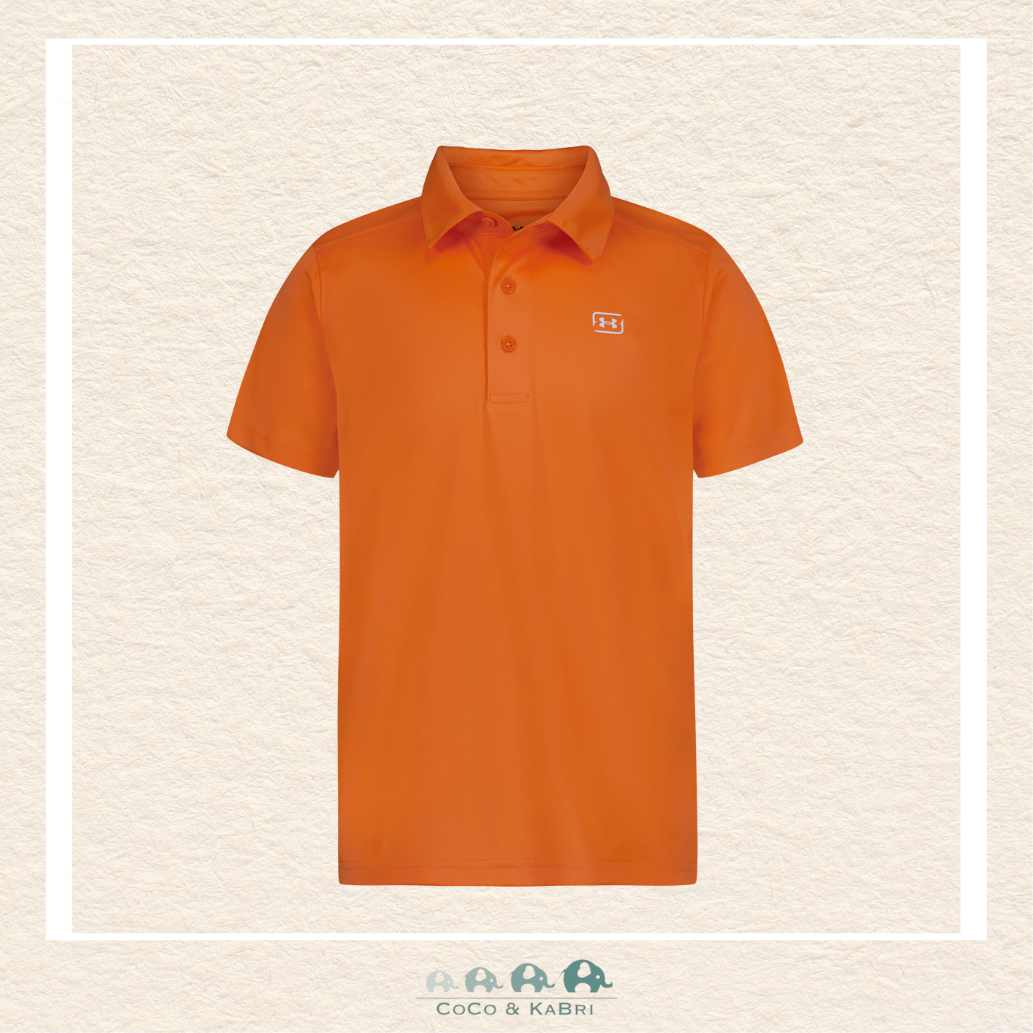 Under Armour youth boys' polo shirt in a vibrant bright orange, featuring a classic two-button placket and the signature UA logo on the chest | Canada