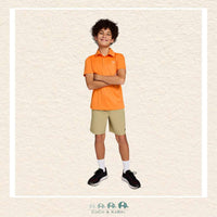 Front view of a youth boy wearing the Under Armour orange polo shirt, showing the tailored athletic fit and clean-cut collar for a polished boutique look | Canada