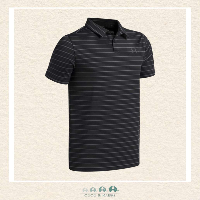 Side profile of the youth boys' striped Under Armour polo demonstrating the comfortable athletic fit and flexible sleeve design for sports or active school days | Canada