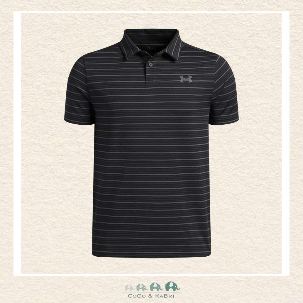 Under Armour youth boys' Tech Team polo featuring a classic black and charcoal grey striped pattern, a crisp three-button placket, and the signature UA logo | Canada